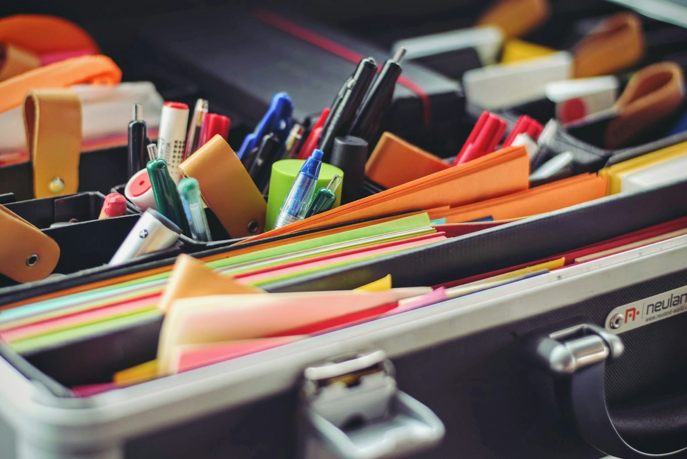 Assorted stationery in an organiser